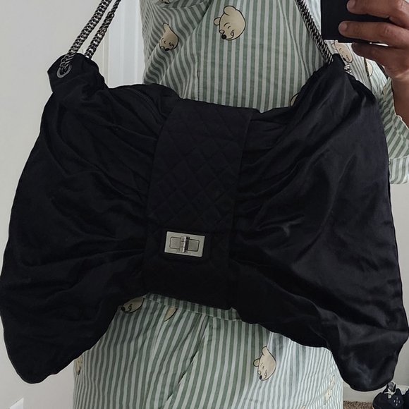 Chanel Black Satin Jumbo Bow Chain Shoulder Bag - Picture 10 of 12